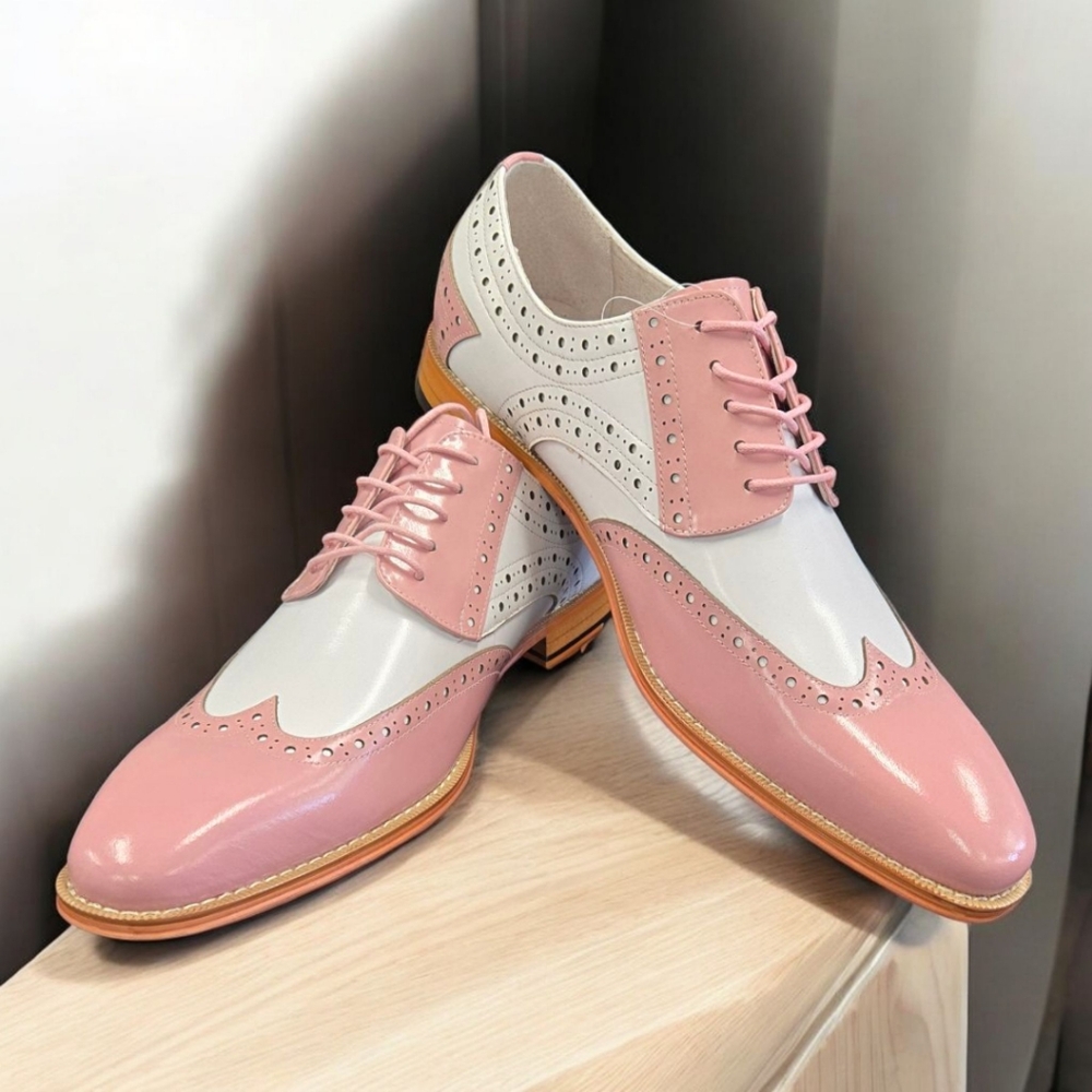 GIOVANNI MEN'S PINK/ WHITE LEATHER WING TIP DRESS SHOE. TROY.